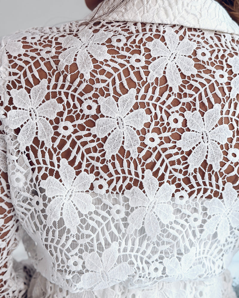 2 Pieces Outfit Lace Hollow Out Long Sleeve Blouse and Romantic Lace Trim Shorts Set