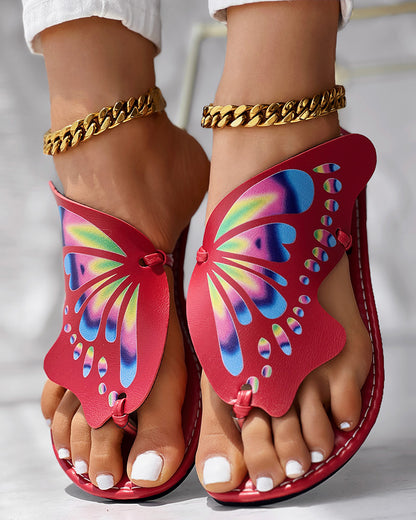 Colorblock Butterfly Print Toe Post Slippers