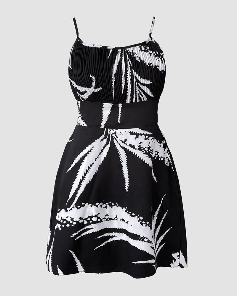 Tropical Print Cold Shoulder Spaghetti Strap Romper Ruched Backless Tied Detail Romper