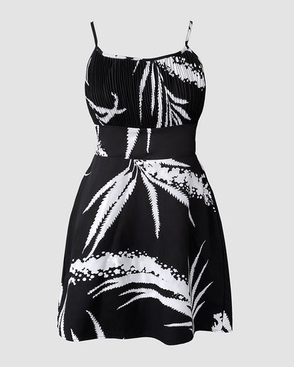 Tropical Print Cold Shoulder Spaghetti Strap Romper Ruched Backless Tied Detail Romper