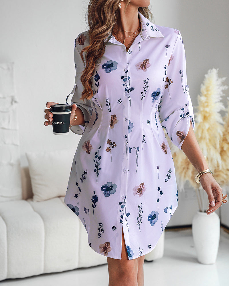 Watercolor Floral Print Turn-down Collar Turn-Up Sleeves Shirred Back Shirt Dress Casual Button Down Cinched Waist Asymmetrical Hem Vacation Dress