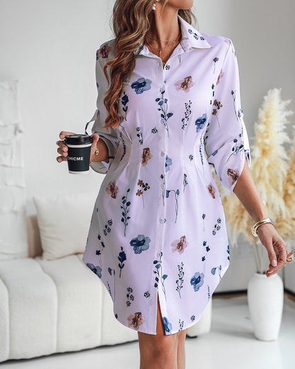 Watercolor Floral Print Turn-down Collar Turn-Up Sleeves Shirred Back Shirt Dress Casual Button Down Cinched Waist Asymmetrical Hem Vacation Dress