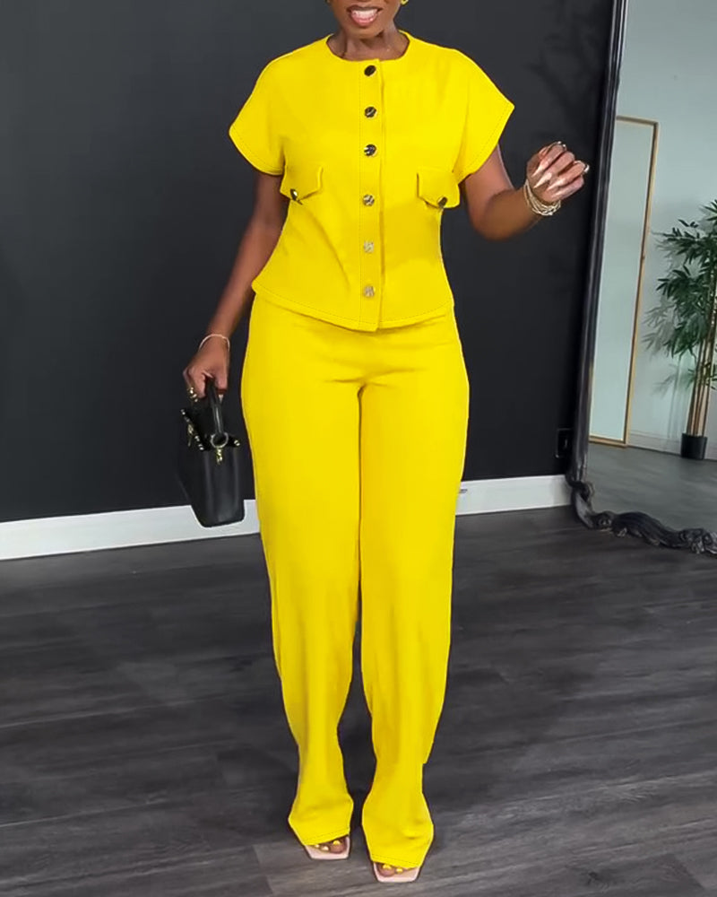 Women's 2 Piece Outfits Short Sleeve Button Down Top and Straight Leg Pants Set Casual Commuter Suits