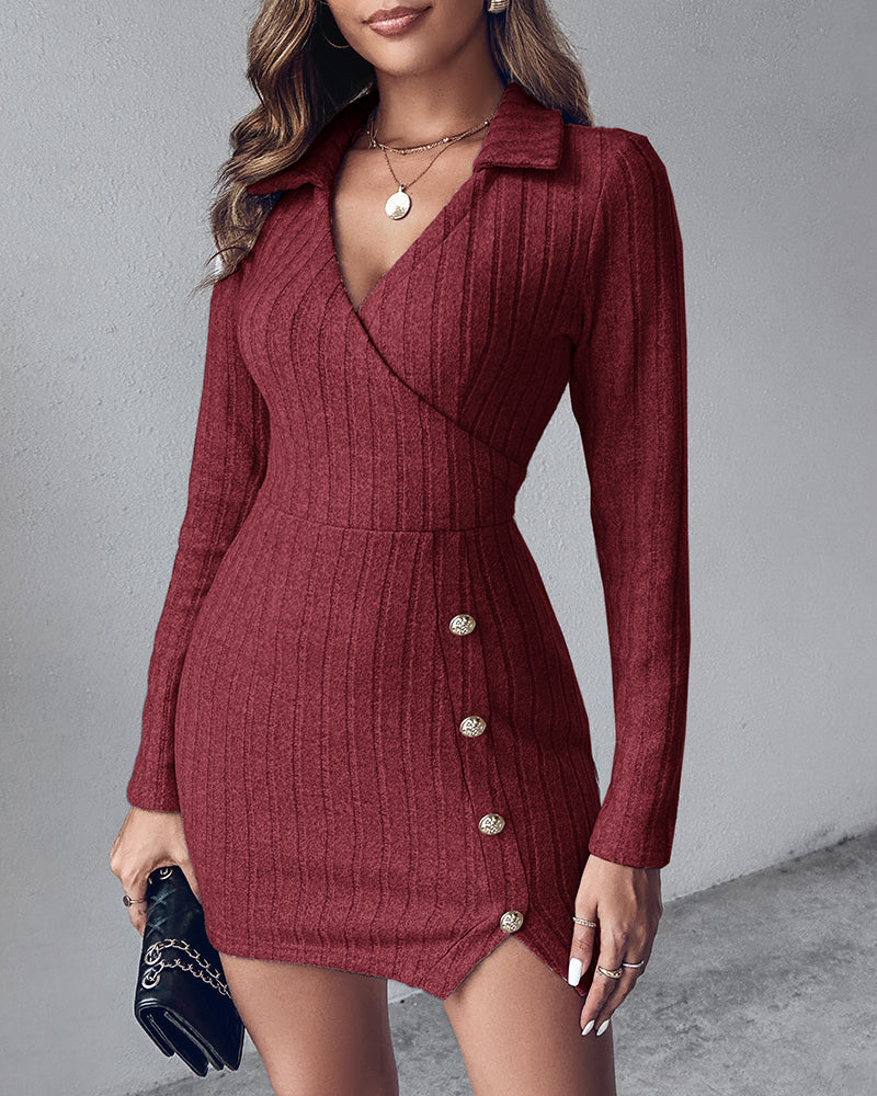 Polo V-Neck Long Sleeve Fleece Lined Bodycon Dress Slit Button Decor Ribbed Mini Dress
