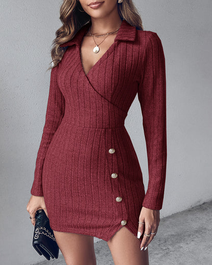 Polo V-Neck Long Sleeve Fleece Lined Bodycon Dress Slit Button Decor Ribbed Mini Dress