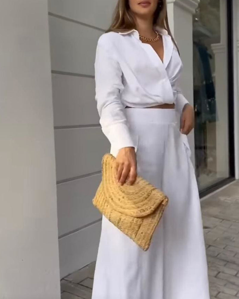 Ruched Long Sleeve Shirt & Wide Leg Asymmetrical Pants Set