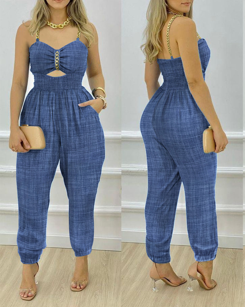 Women's Chain Strap Jumpsuit Hollow Out Shirred Waist Overalls Casual Jogger Jumpsuit with Pockets