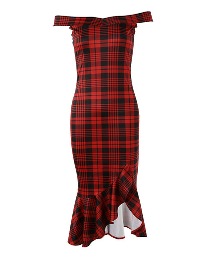 Plaid Off Shoulder Ruffle Hem Slit Dress