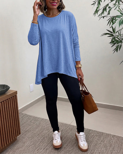 Women's Asymmetric Hem Long Sleeve Top Loose Fit Dropped Shoulder Crewneck Soft Slouchy Casual Tee