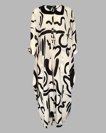 Women's 2 Piece Abstract Print Outfits V-Neck High Slit Longline Top and Wide Leg Pants Set Casual Loose Vacation Set