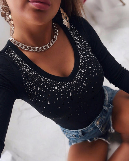 Women's Rhinestone Scoop Neck Long Sleeve Top Slim Fit Ribbed Knit Tee