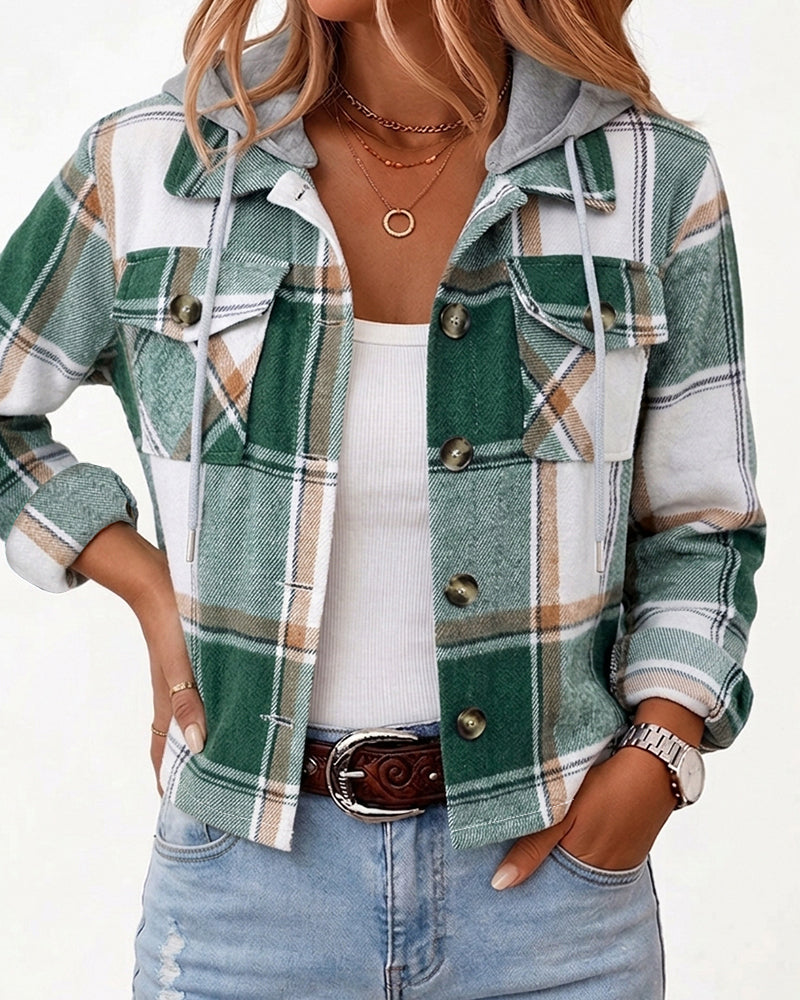 Women's Plaid Detachable Drawstring Hooded Lapel Cropped Jacket
