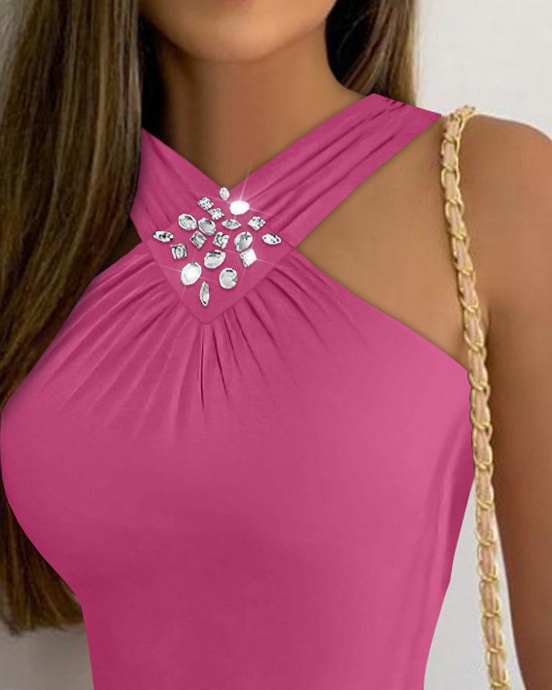 Rhinestone Halter Sleeveless Slim Fit Tank Ruched Casual Top