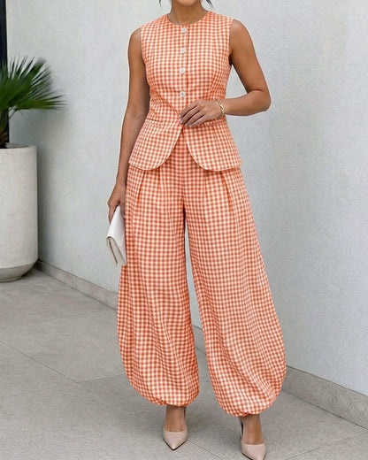 Women's French Vintage Plaid 2 Piece Outfits Sleeveless Button Vest Top and High Waist Lantern Pants Set