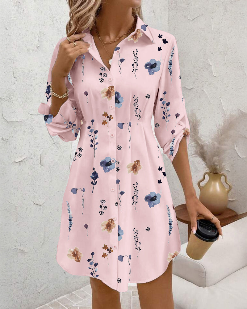Watercolor Floral Print Turn-down Collar Turn-Up Sleeves Shirred Back Shirt Dress Casual Button Down Cinched Waist Asymmetrical Hem Vacation Dress