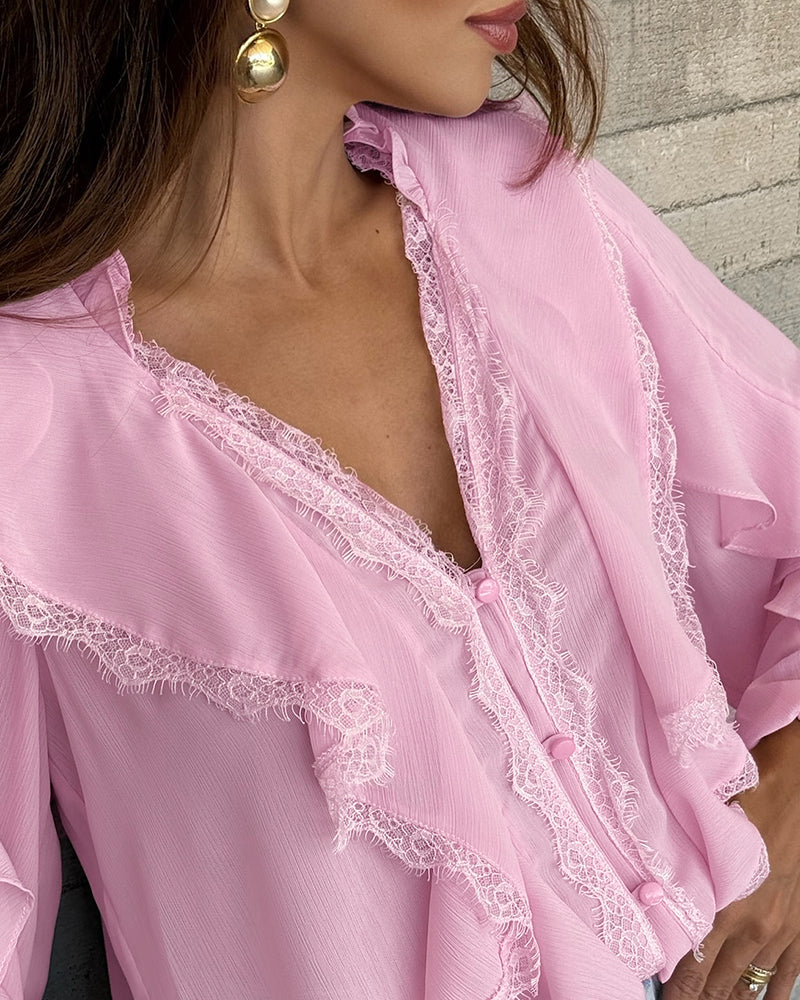 V-Neck Long Sleeve Button Front Eyelash Lace Spliced Blouse Casual Ruffles Patchwork Semi-Sheer Top