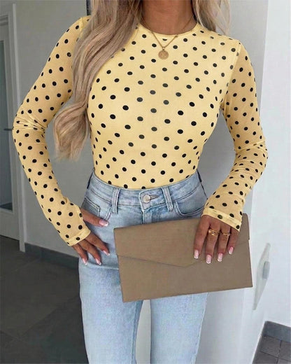 Women's Mesh Polka Dot Top Lined Sheer Long Sleeve Tee Crewneck Slim Fit Layering Under Base Top with Thumbholes