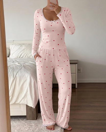 Women's 2 Piece Heart Print Lounge Set Lace Trim Rib-Knit Pajama Set Slim Fit Long Sleeve Top and Pants with Pockets