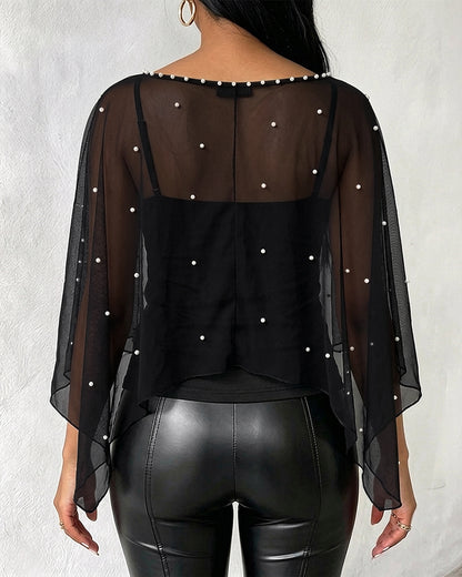 Women's 2 Piece Set Split Sleeve Pearl Sheer Chiffon Cape Top with Cami Top