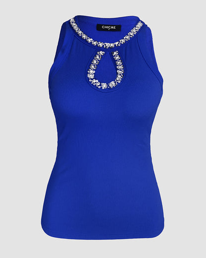 Rhinestone Contrast Sequin Keyhole Neck Sleeveless Slim Fit Elasticity Ribbed Top Elegant Tank