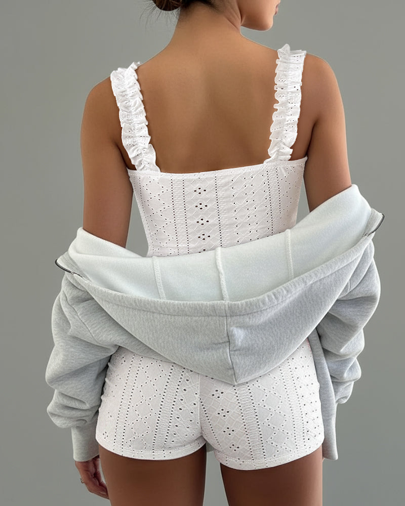 2 Pieces Outfit Square Neck Frill Straps Tied Detail Cami Top and Elastic Waist Shorts Set Slim Fit Hollow-out Jacquard Textured Knit Pajamas Set