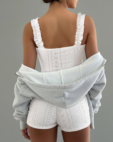 2 Pieces Outfit Square Neck Frill Straps Tied Detail Cami Top and Elastic Waist Shorts Set Slim Fit Hollow-out Jacquard Textured Knit Pajamas Set