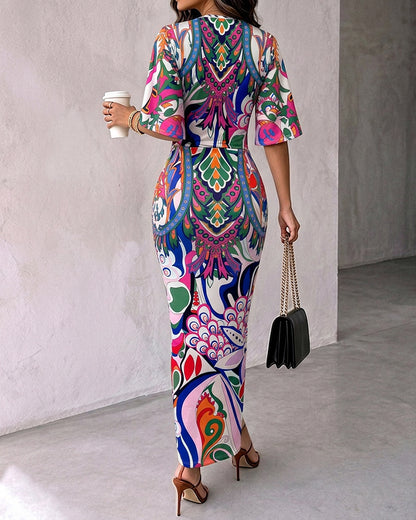 Vestido largo sexy para mujer con escote pronunciado en V, estampado abstracto, cordón, parte delantera fruncida, abertura y manga corta