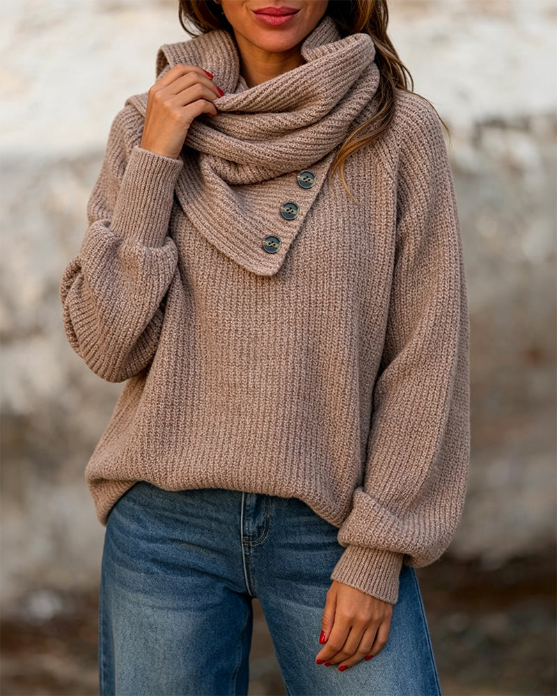 Women's Wrap-Style Cowl Collar Knit Sweater Casual Pullover