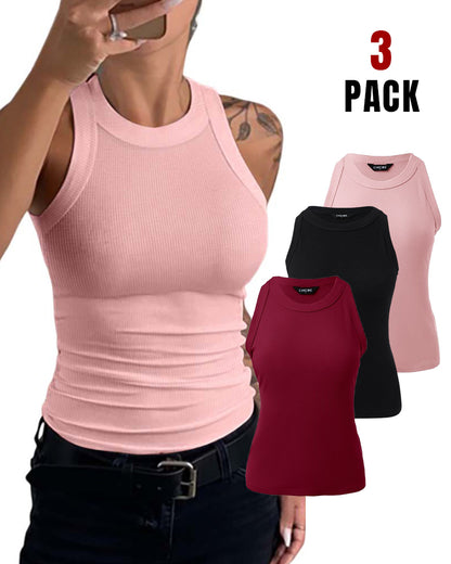 3 Pack Knit Round Neck Thick Strap Racerback Tank Tops(Without Pads)