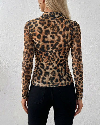 Leopard Print Turn-down Collar V-Neck Button Front Shirt Slim Fit Long Sleeve Ruched Sheer Mesh Top with Lining