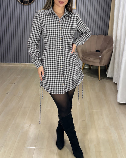 Women's Vintage Plaid Drawstring Long Sleeve Casual Dress Shirred Button Down Shirt Dress