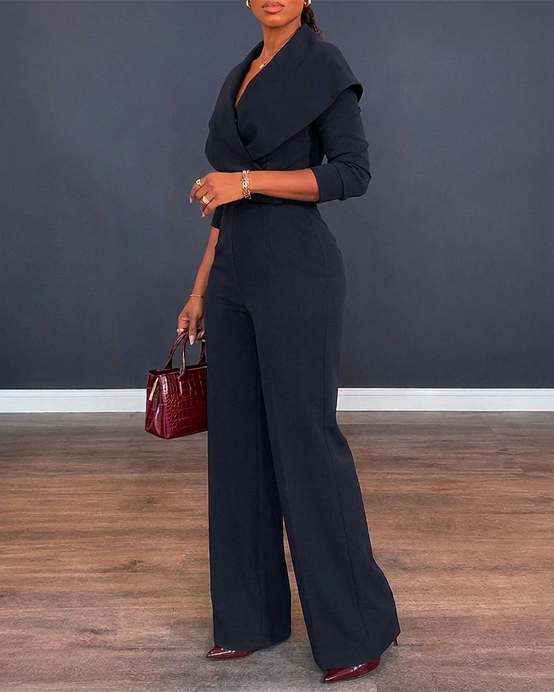 Women's Lapel Wrap V-Neck Long Sleeve High-Waist Wide-Leg Jumpsuit with Belt