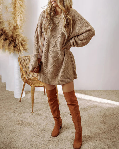 Round Neck Long Sleeve Drop Shoulder Pullover Sweater Casual Loose Fit Cable Knit Mid Length Sweater