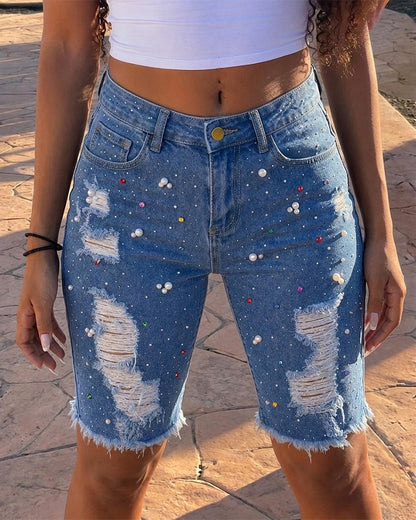 Women's Y2K Rhinestone Pearl Denim Bermuda Shorts Ripped Raw Hem Distressed Colorful Embellished Jean Shorts