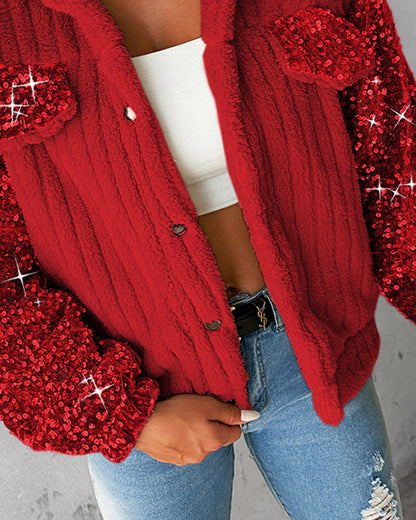 Turn-down Collar Sequin Patch Teddy Jacket