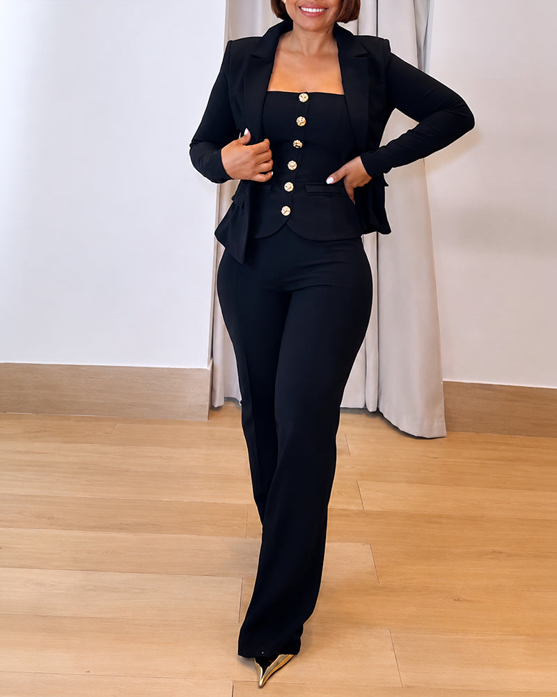 Women's 3 Piece Suit Set Lapel Collar Blazer and Gold Button Tube Top and High Waisted Pants Set with Detachable Clear Straps