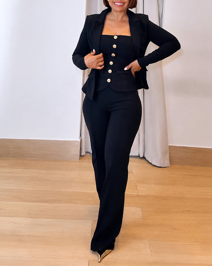 Women's 3 Piece Suit Set Lapel Collar Blazer and Gold Button Tube Top and High Waisted Pants Set with Detachable Clear Straps