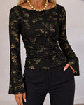 Women's Gold Foil Jacquard Boat Neck Flare Sleeve Ruched Slim Fit Top