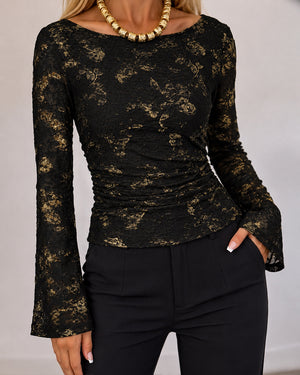 Women's Gold Foil Jacquard Boat Neck Flare Sleeve Ruched Slim Fit Top