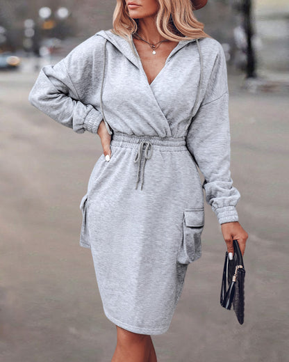 Overlap V Neck Drop Shoulder Cinched Waist Drawstring Hoodie Dress Casual Flap Cargo Pockets Design Drawstring Elastic Waist Midi Dress