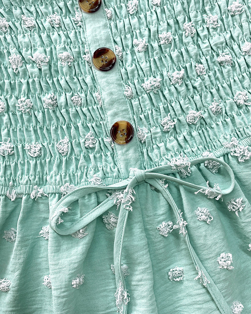 Polka Dot Bandeau Sleeveless Shirred Rompers Casual Button Decor Tied Detail Short Jumpsuit