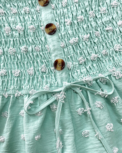 Polka Dot Bandeau Sleeveless Shirred Rompers Casual Button Decor Tied Detail Short Jumpsuit