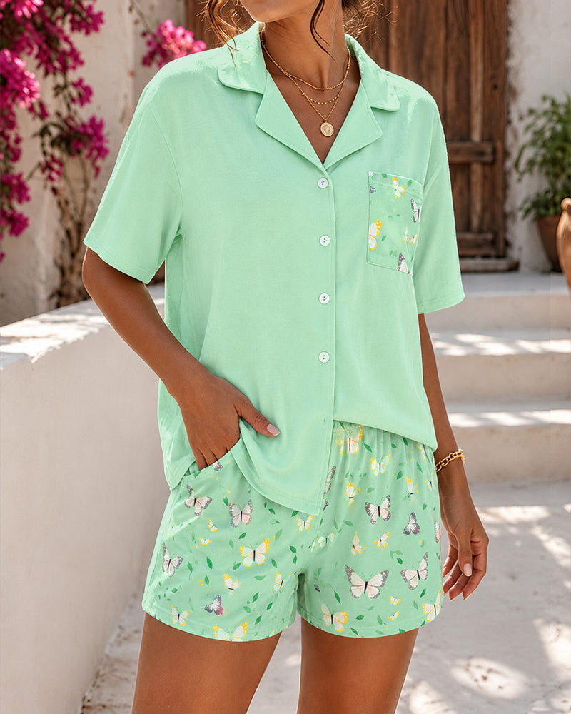 Women's 2 Piece Pajama Set Half Sleeve Button Down Top and Butterfly Print Shorts Lounge Set