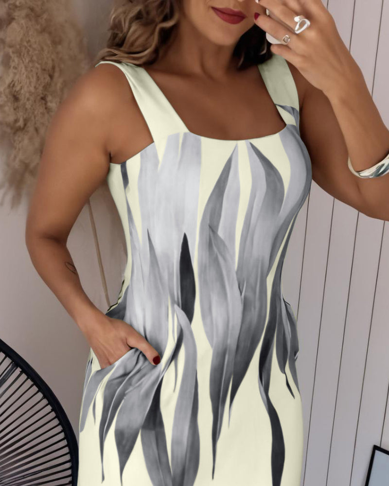 Plants Print Square Neck Thick Strap Maxi Dress Casual Slim Fit Side Slit Vacation Dress with Pockets