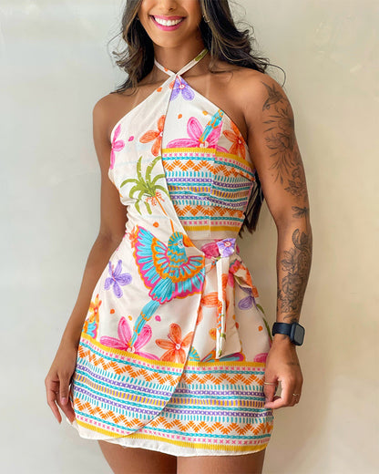 Tropical Print Halter Tie Backless Tie Back Romper Casual Elastic Back Waist Wrap Front Tie Side Skorts Romper