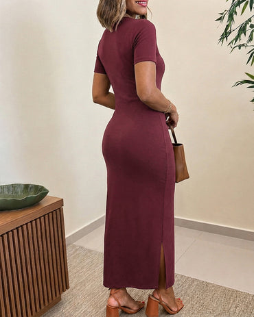 Women's Crewneck Short Sleeve Side Tie Knot Ruched Bodycon Dress Elegant Side Slit Maxi Dress