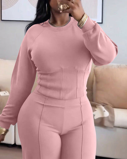 2 Pieces Outfit O-neck Long Sleeve Cinched Waist Sweatshirt and Elastic Waist Wide Leg Pants Set Casual Seam Design Sweatpants Set