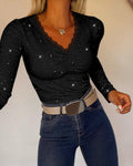 Women's Sparkle Glitter V Neck Long Sleeve Top Ruched Lace Trim Tee