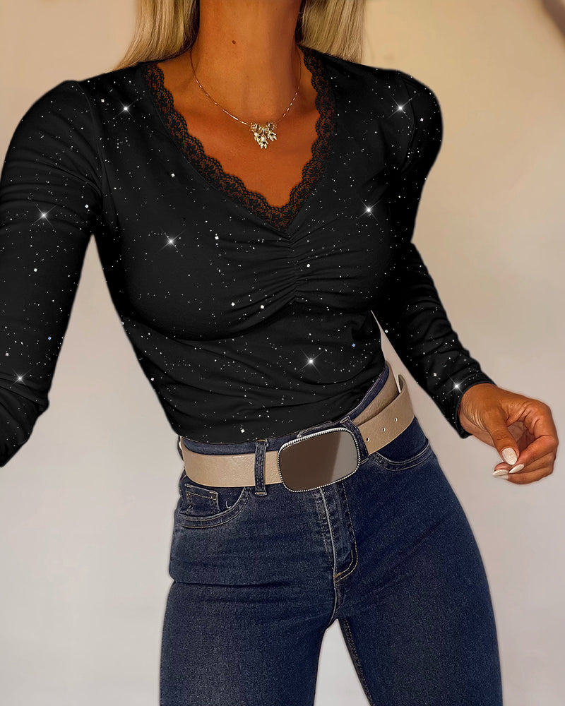 Women's Sparkle Glitter V Neck Long Sleeve Top Ruched Lace Trim Tee