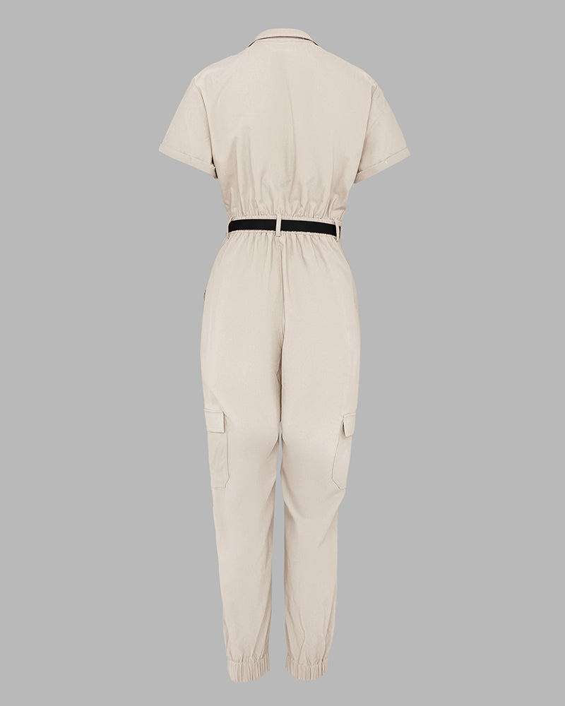 Turn-down Collar Short Sleeve Zipper Front Cuffed Short Jumpsuit Casual Pocket Design Cargo Romper with Belt